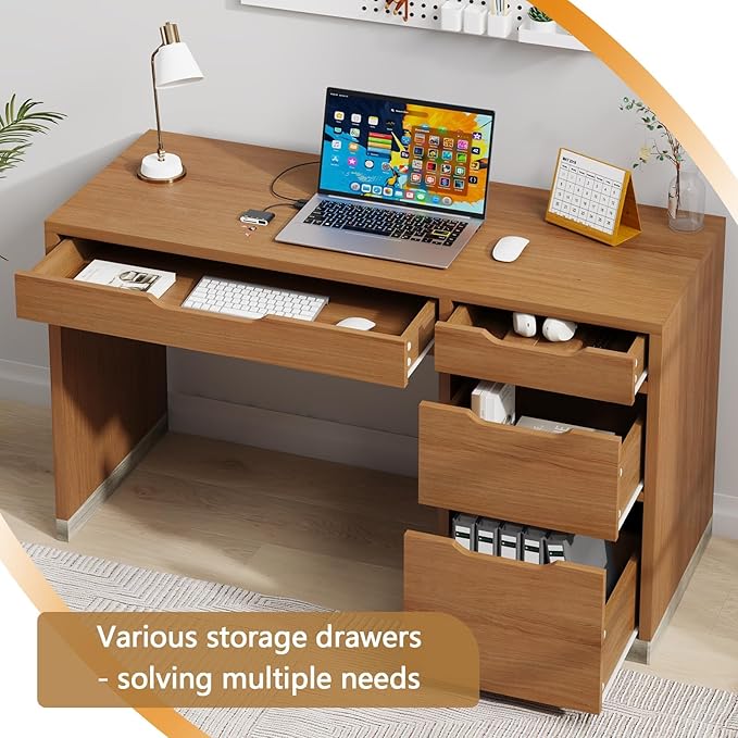 52 Inch Desk with 4 Drawers, Small Computer Desk for Small Space, Home Office Desk with Storage File Cabinet for Bedroom, Brown