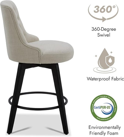 Watson & Whitely Counter Height Bar Stools, Performance Fabric Upholstered Modern Swivel Barstool with Back, Solid Wood Legs, 26" H Seat, Linen