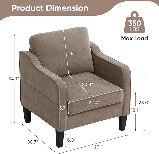 Accent Chair for Living Room, Mid Century Modern Reading Chair for Bedroom, Upholstered Armchair with Side Pockets, Comfy Single Sofa Side Chair for Office, Apartment, Small Room, Brown