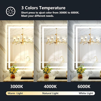 44x36 Inch LED Bathroom Mirror with Lights Front and Backlit Lighted Vanity Mirror for Bathroom Wall with 3 Colors Dimmable Anti-Fog Memory Shatter-Proof IP54 Waterproof Horizontal/Vertical