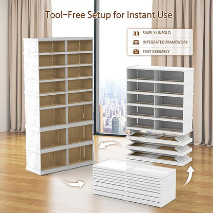 Collapsible Shoe Storage Organizer: Stackable and Large Plastic Foldable Shoe Cabinet Organizer with Magnetic Clear Door - Sneaker Boots Shoes Boxes Shoes Rack for Entryway Closet