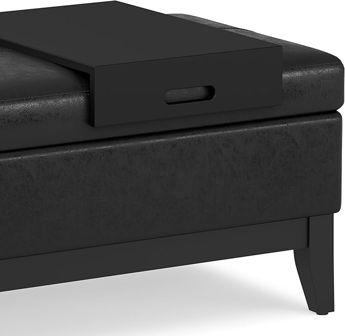 SIMPLIHOME Oregon 42 inch Wide Transitional Rectangle Storage Ottoman Bench with Tray in Distressed Black Vegan Faux Leather, Assembled, For the Living Room, Entryway and Family Room