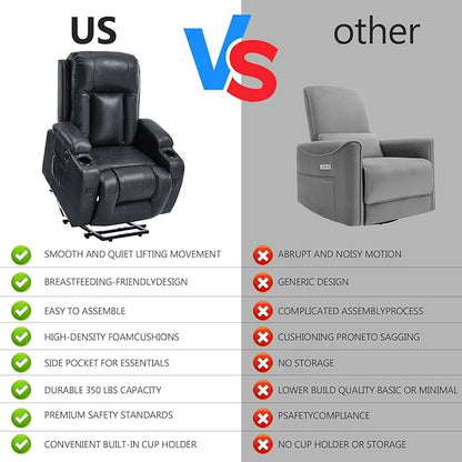 PELUMY Manual Lift Recliner Chair for Elderly with Massage & Heat, Oversized Heavy Duty 350 lbs Recliner with Cup Holders & USB Ports, Infinite Positioning Lift Chair (Breathable Leather, Dark Grey)