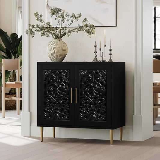 ARTPOWER Vintage Accent Cabinet with 2 Doors, Hollow Carving Buffet Cabinet, Sideboards and Buffets with Storage, Credenza for Living Room, Kitchen, Dining Room, Entryway, Hallway, Black