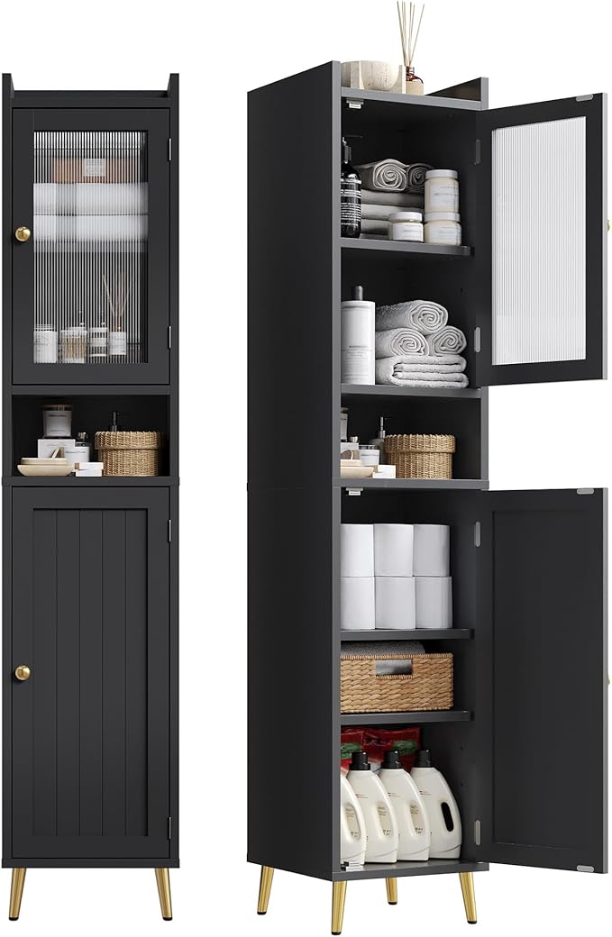 Bathroom Storage Cabinet, Slim Bathroom Storage Cabinet with 6 Shelves & 2 Doors, Linen Cabinet for Bathroom, Kitchen, Laundry Room, Black