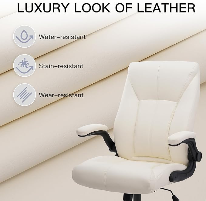 Big and Tall Office Chair for Heavy People, Executive Desk Computer Chair Adjustable Flip-up Armrests for Women, PU Leather Swivel Task Chair with Ergonomic High Back and Lumbar Support (White)