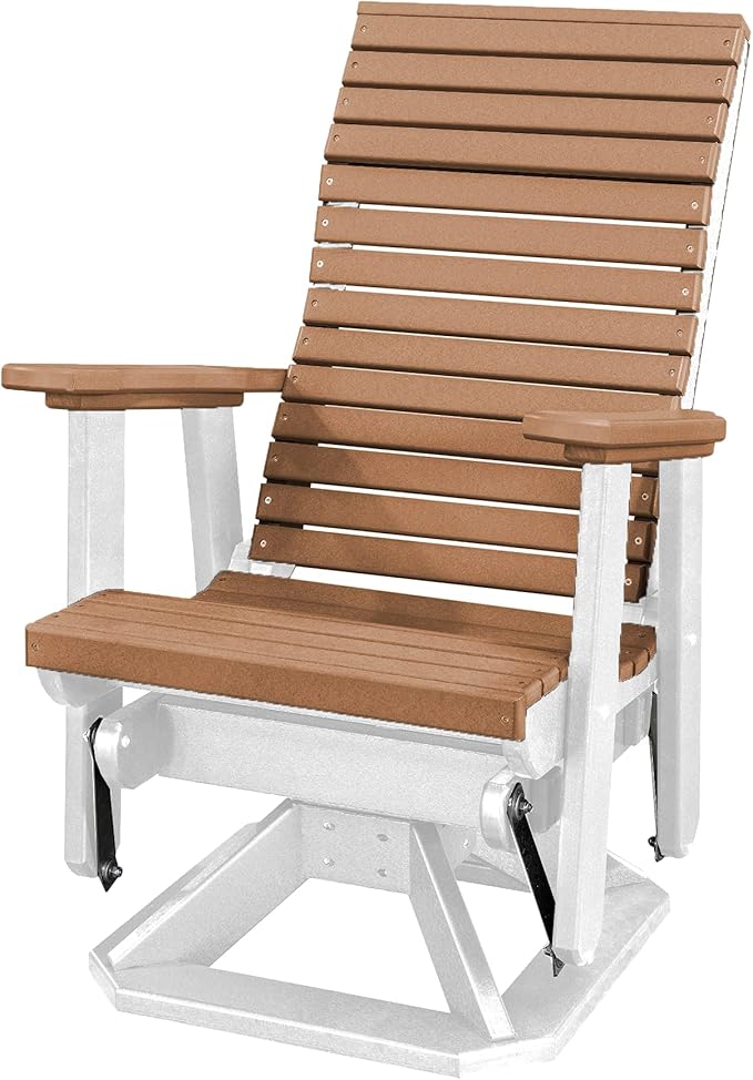 DutchCrafters Modern Horizontal Slat High Back Poly Adirondack Swivel Glider Outdoor Patio Chair (White & Cedar)