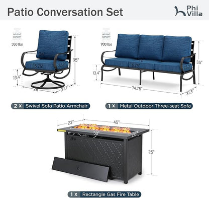 PHI VILLA 4 Piece Patio Furniture with FirePit Table, Metal Outdoor Furniture Set with 3-Seat Wide Deep Seating Bench & 2 x Swivel Sofa Chairs,Outdoor Conversation Set for 5, Peacock Blue
