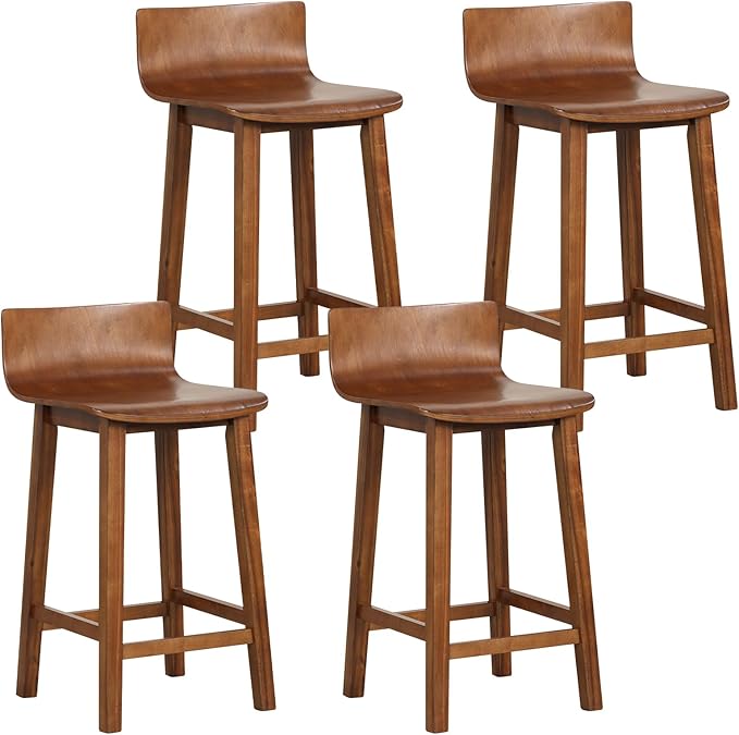 COSTWAY Solid Wood Bar Stools Set of 4, 24.5-inch Counter Height Chairs with Low Back and Footrest, Farmhouse Wooden Armless barstools for Kitchen Island, Dining Room, Cafe, Breakfast, Brown