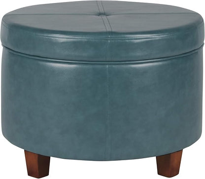 HomePop Round Leatherette Storage Ottoman with Lid, Teal
