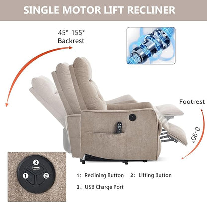 PELUMY Manual Lift Recliner Chair with Massage and Heat for Elderly, Single Motor Electric Lift Chair, Heavy Duty Recliner with USB Charging & Side Pockets (Chenille, Khaki)