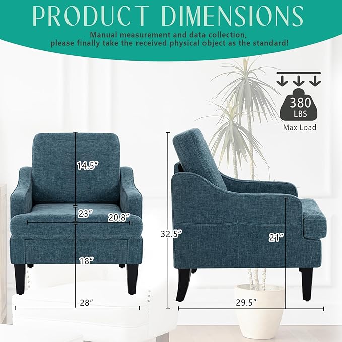 Modern Accent Chair for Bedroom Upholstered Reading Chair with Side Pockets Comfy Living Room Chairs Living Room Armchair for Office, Apartment (Blue Chenille)