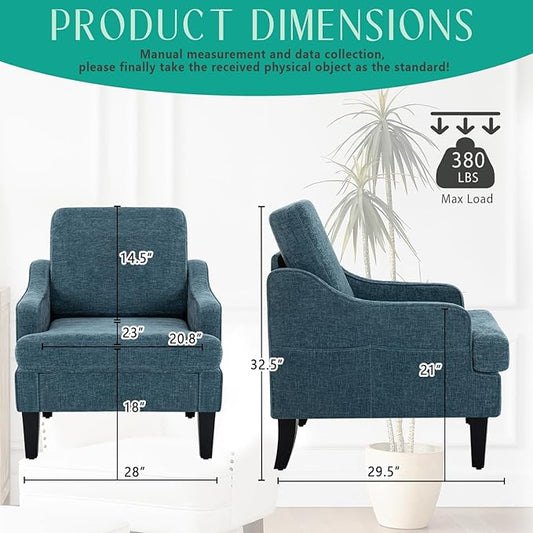 Modern Accent Chair for Bedroom Upholstered Reading Chair with Side Pockets Comfy Living Room Chairs Living Room Armchair for Office, Apartment (Blue Chenille)
