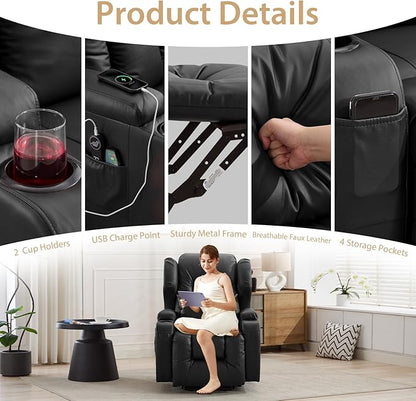Power Lift Chair Recliner with Heat and Massage,Single Sofa Chair Recliner for Elderly,Electric Recliners Comfortable Lift Chairs for Living Room with Remote/Storage/Cup Holders/USB Port (Black)