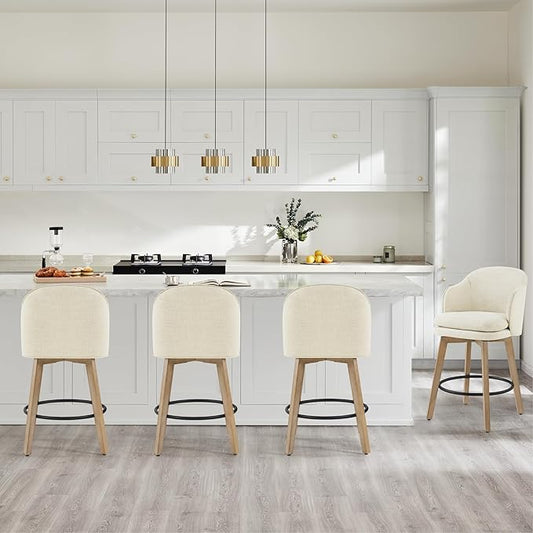 Counter Height Barstools 26 inch Upholstered Swivel Bar Stools with Back and Wood Legs for Kitchen Island,Set of 1,Linen Fabric