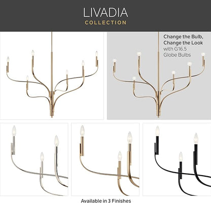 KICHLER Livadia 6-Light Chandelier, Soft Modern-Light in Polished Nickel, for Foyer, Great Room, or Vaulted Dining or Bedroom (33.25" x 47.25"), 52674PN