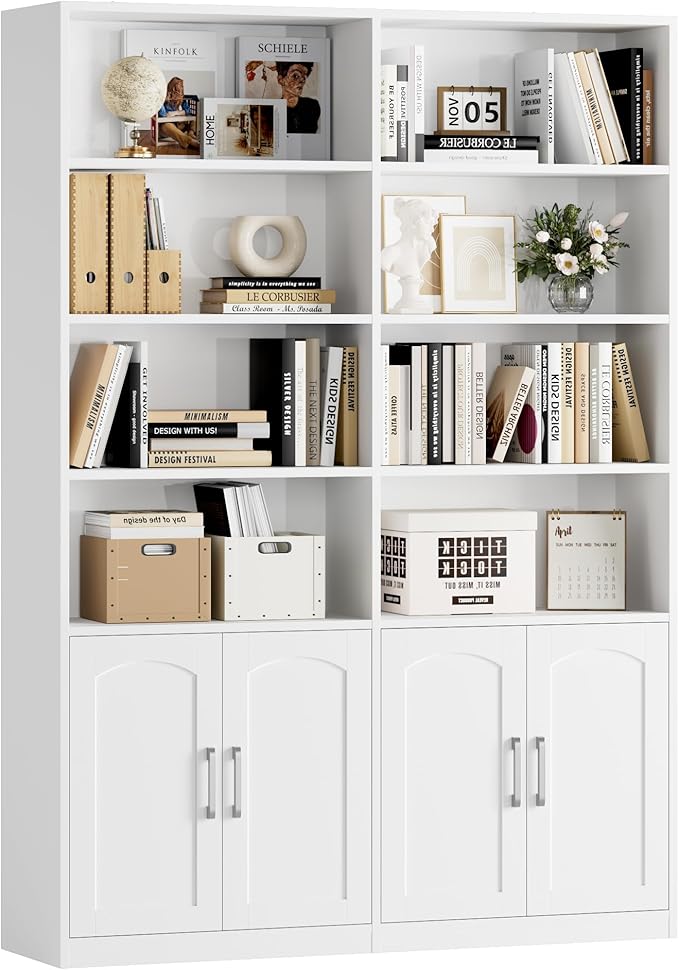 FACBOTALL Bookshelf and Bookcase with Doors, 6 Tier Double Wide Large Bookshelves, Open Display Shelves, 73'' Tall Bookshelf with Storage Cabinets for Home Office, Living Room, Library, White
