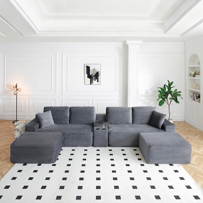 150" Oversized Modular Sectional Sofa,Deep Seat Cloud Corduroy Boneless Couch with Cup Holders,USB Ports, Wireless Charging & Storage Box,Upholstered Modular Sleeper Sofa for Living Room (Grey)
