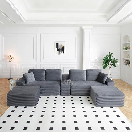 150" Oversized Modular Sectional Sofa,Deep Seat Cloud Corduroy Boneless Couch with Cup Holders,USB Ports, Wireless Charging & Storage Box,Upholstered Modular Sleeper Sofa for Living Room (Grey)
