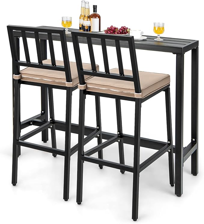 COSTWAY 3 Piece Outdoor Patio Bar Set, 48" Rectangular Pub Height High Top Bar Table with 2 Cushioned Bar Stools, Metal Bar Table and Chairs Set for Balcony, Backyard, Porch