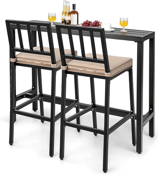 COSTWAY 3 Piece Outdoor Patio Bar Set, 48" Rectangular Pub Height High Top Bar Table with 2 Cushioned Bar Stools, Metal Bar Table and Chairs Set for Balcony, Backyard, Porch