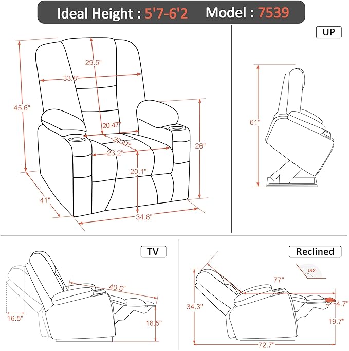 MCombo Large Power Lift Recliner Chair Sofa with Massage and Heat for Big and Tall Elderly People, 3 Positions, Cup Holders, and USB Ports, Faux Leather 7539 (Large, Navy Blue)