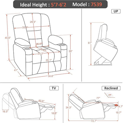 MCombo Large Power Lift Recliner Chair Sofa with Massage and Heat for Big and Tall Elderly People, 3 Positions, Cup Holders, and USB Ports, Faux Leather 7539 (Large, Navy Blue)