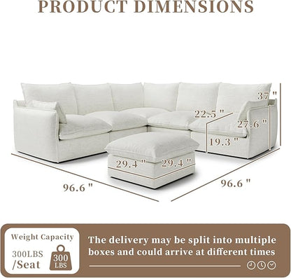 Cloud Sectional Couches for Living Room,High Backrest Down Filled Spill & Stain-Resistant Cloud Couch,6 Seater Oversized Modular V-Shaped Sofas,Removable Washable Cushion Covers,Cream White