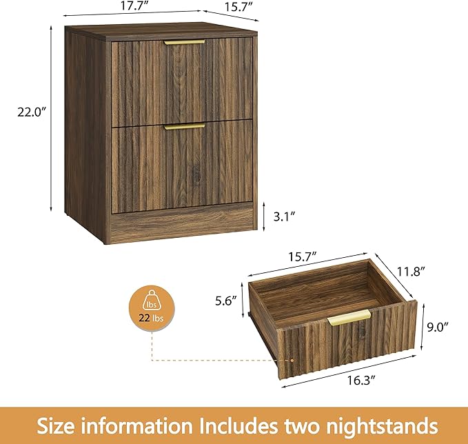 3-Piece Modern Bedroom Furniture Set, Wide 6-Drawer Dresser & 2-Drawer Nightstands Set of 2, Natural Wood Dresser and Nightstand Sets for Bedroom, Hallway, Walnut