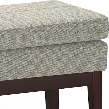 SIMPLIHOME Carlson 27-inch Wide Linen-Look Fabric Small Ottoman Bench in Greige with Solid Wood Frame for Living Room, Entryway, or Bedroom