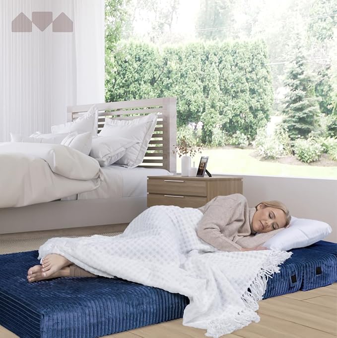 Milliard Tri Folding Sofa Mattress, 2024 Edition, Memory Foam Foldable Mattress with Ultra Soft & Washable Ribbed Fur Cover, Twin Size (Navy)