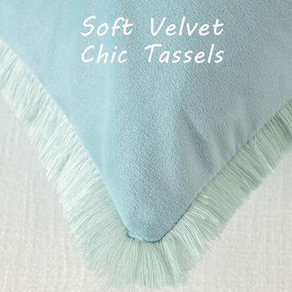 FUTEI Aqua Velvet Decorative Throw Pillow Covers 18x18 Set of 2,Soft Cozy Edge with Tassels Cushion Case,Boho Modern Home Decor for Couch Bed Living Room