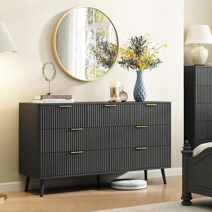 CARPETNAL Fluted 7 Drawer Dresser for Bedroom, 55" Wide Wooden Chest of Drawers with Rounded Corners, Gold Handles, Modern Storage Organizer for Bedroom, Hallway(Black)