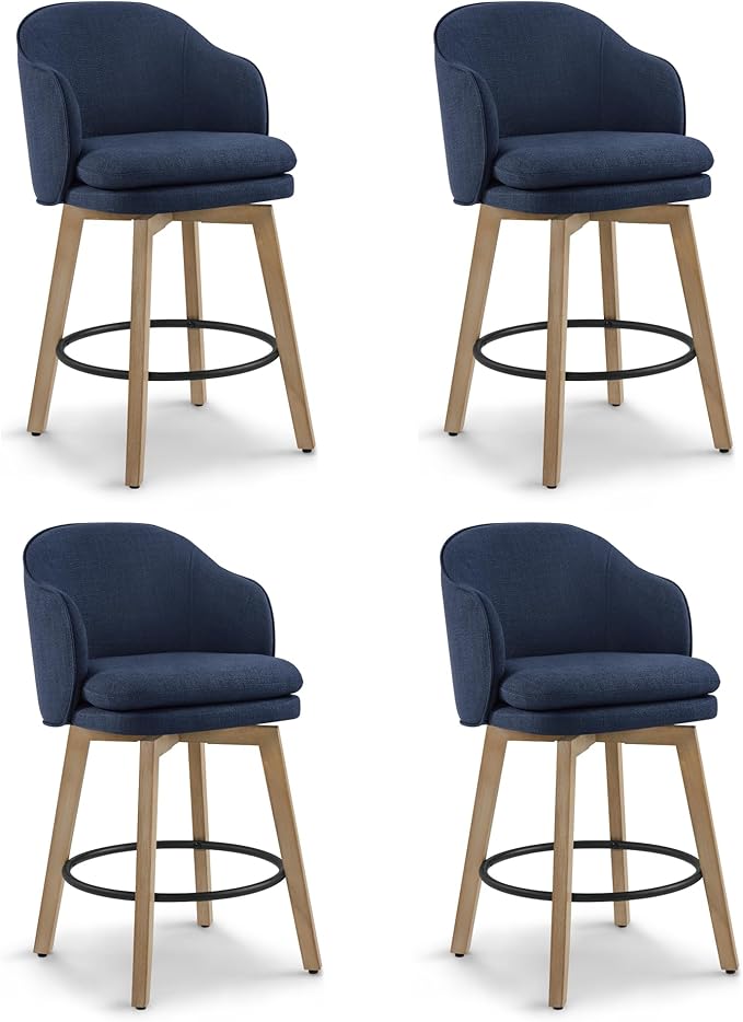 Counter Height Barstools 26 inch Upholstered Swivel Bar Stools with Back and Wood Legs for Kitchen Island,Set of 4,Blue Fabric