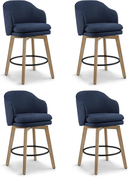 Counter Height Barstools 26 inch Upholstered Swivel Bar Stools with Back and Wood Legs for Kitchen Island,Set of 4,Blue Fabric