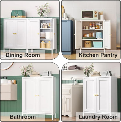 Bathroom Storage Cabinet, Metal Sideboard Cabinet, White Bathroom Floor Cabinets with 2 Doors and Adjustable Shelves for Kitchen, Living Room, Entryway,Office (White, 31.5" H)