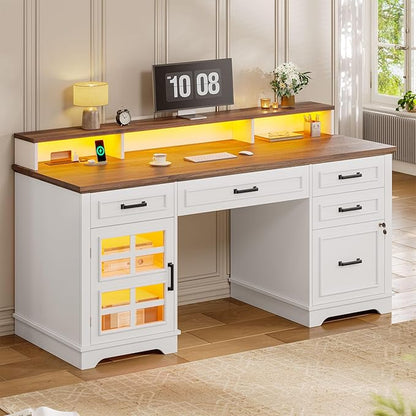 60'' Farmhouse Executive Desk with Drawers, Home Office Desk with Power Outlet & LED Light, Wood Computer Desk with Monitor Stand, Locking File Drawer, Glass Storage Cabinet, Hooks, White