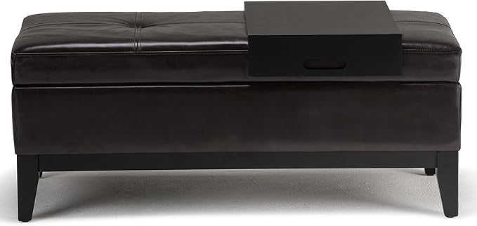 SIMPLIHOME Oregon 42 inch Wide Contemporary Rectangle Storage Ottoman Bench with Tray in Tanners Brown Vegan Faux Leather, Assembled, For the Living Room, Entryway and Family Room