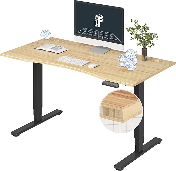 FlexiSpot E6 Bamboo 3-Stage Dual Motor Electric Standing Desk 55 x 28 Sit Stand Up Desk, Holds 220 lbs, Adjustable Height w/ Memory Presets, Solid Bamboo Curved Desktop & Black Frame, Ships in 2 Boxes