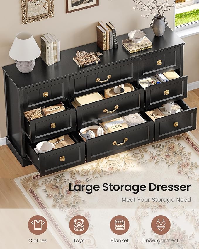 AOGLLATI Farmhouse 9 Drawers Dresser for Bedroom, 63" Wide Wood Rustic Chest of Drawers with Natural Texture, Vintage Design, Long Wide Storage Dresser for Bedroom, Black