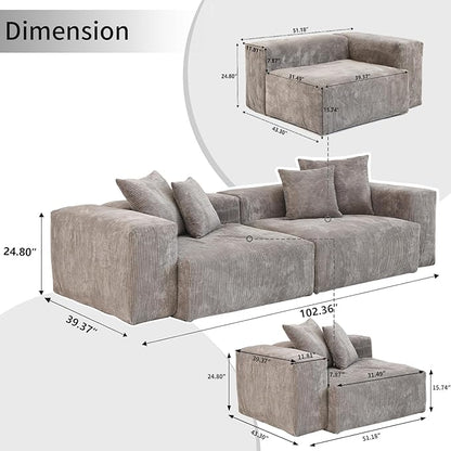 Sectional Couches for Living Room,102inch Cloud Couch Modular Sectional Sofa,Modern Corduroy Couch Love Seat,Cushion Covers Removable& Washable (Brown)