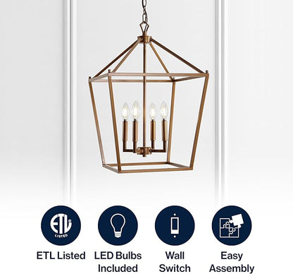 JONATHAN Y JYL7437B Pagoda Lantern Dimmable Adjustable Metal LED Pendant Classic Traditional Farmhouse Dining Room Living Room Kitchen Foyer Bedroom Hallway, 16 in, Antique Gold
