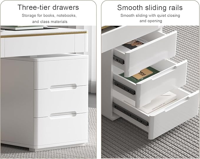 Executive Desk with Drawers, White Computer Desk with Drawers with Tempered Glass Top & Marble Pattern, 47 inch Modern Home Office Desk with Charging Station for Study, Living Room, Bedroom