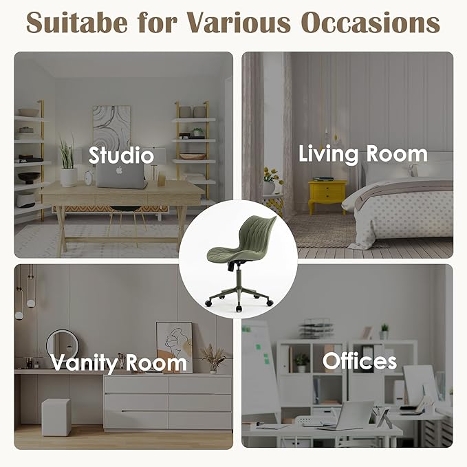 YOUNUOKE Armless Desk Chair Comfy Office Chair with Wheels Home Ergonomic Task Chair Adjustable Computer Chairs Modern Faux Leather Swivel Chair Upholstered Makeup Vanity Chair with Back(Olive Green)