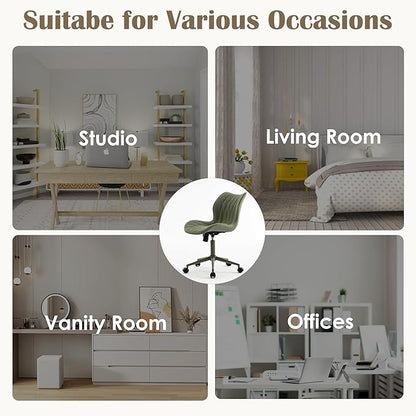 YOUNUOKE Armless Desk Chair Comfy Office Chair with Wheels Home Ergonomic Task Chair Adjustable Computer Chairs Modern Faux Leather Swivel Chair Upholstered Makeup Vanity Chair with Back(Olive Green)