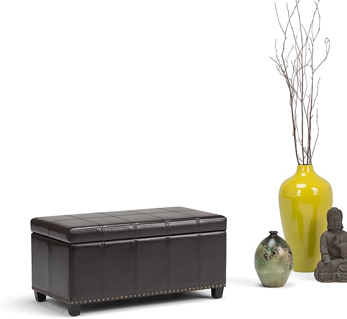 SIMPLIHOME Amelia 33 inch Wide Transitional Rectangle Storage Ottoman Bench in Tanners Brown Vegan Faux Leather, Assembled, For the Living Room, Entryway and Family Room