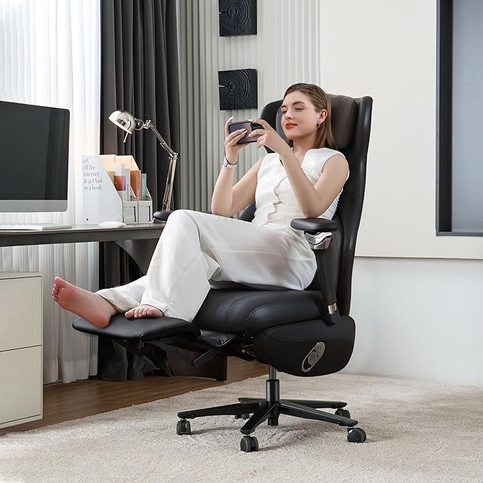 EMIAH Ergonomic Office Chair with Foot Rest Electric Reclining Office Chair with Adjustable Headrest, 8D Coordinated Armrests High Back Computer Desk Chair with Lumbar Support, Genuine Leather(Black)