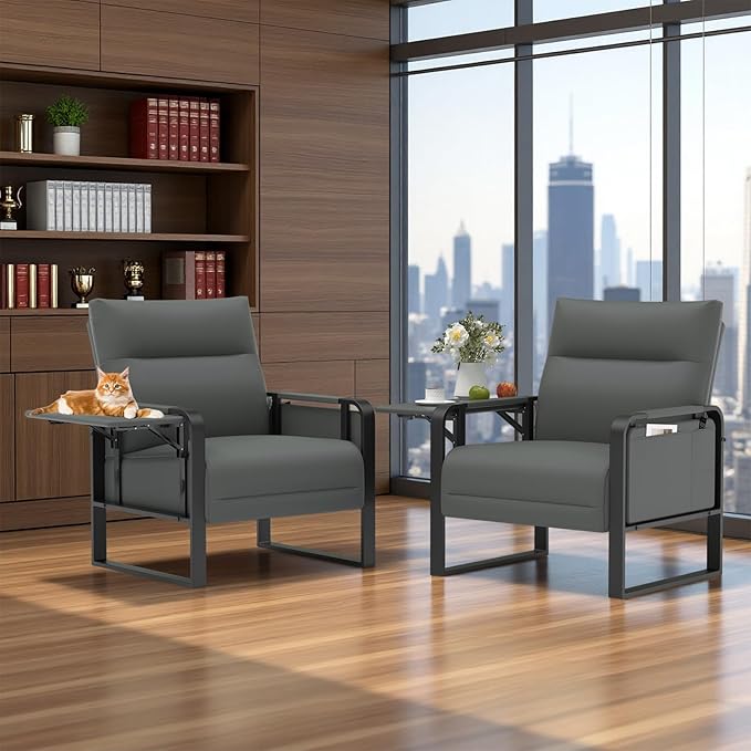 Faux Leather Accent Chair, Upholstered Armchair with Side Tray & Pocket, Comfy Reading Chair for Living Room, Bedroom, Guest Room, Gray
