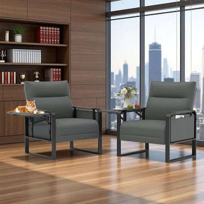 Faux Leather Accent Chair, Upholstered Armchair with Side Tray & Pocket, Comfy Reading Chair for Living Room, Bedroom, Guest Room, Gray