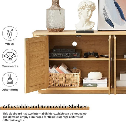 LKTART 64" Sideboard Buffet Cabinet with Storage, Wooden Fluted Storage Cabinet Sideboard with Adjustable Shelves Pressed Spring Rattan Doors for Kitchen Living Room (Natural)